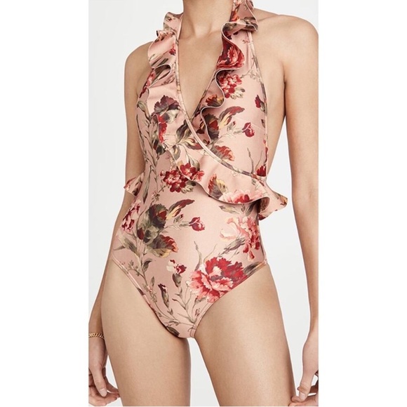 Zimmermann Other - Zimmermann Cassia Frill Ruffle Halter Neckline Faux Wrap One Piece Swimsuit 4-6